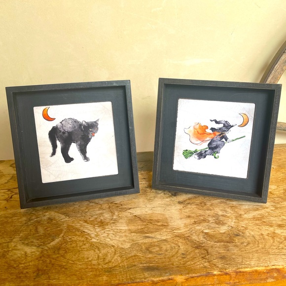 HALLOWEEN PICTURE SET 🧟‍♀️🐈‍⬛ Witch Black Cat Cute Holiday House Decor Framed - Picture 7 of 7